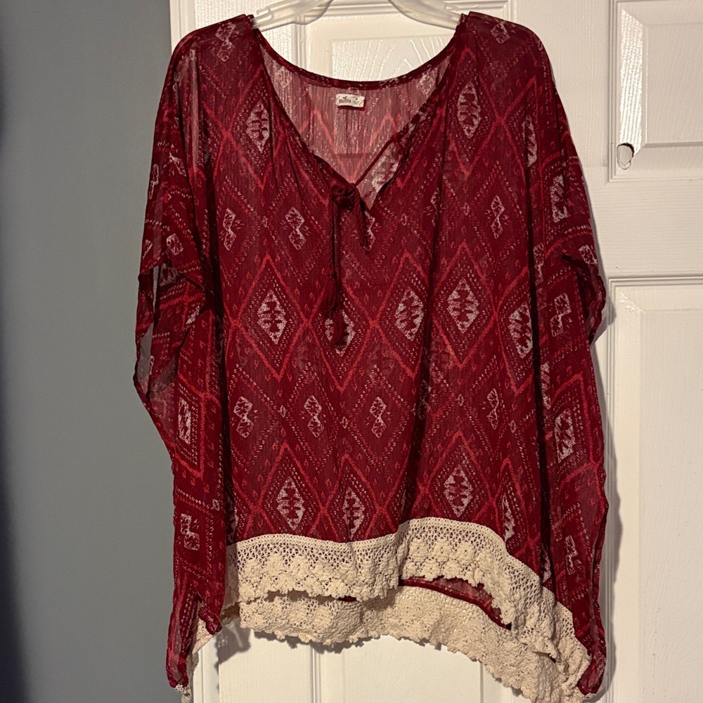 Hollister Burgundy Patterned Blouse with Lace Hem